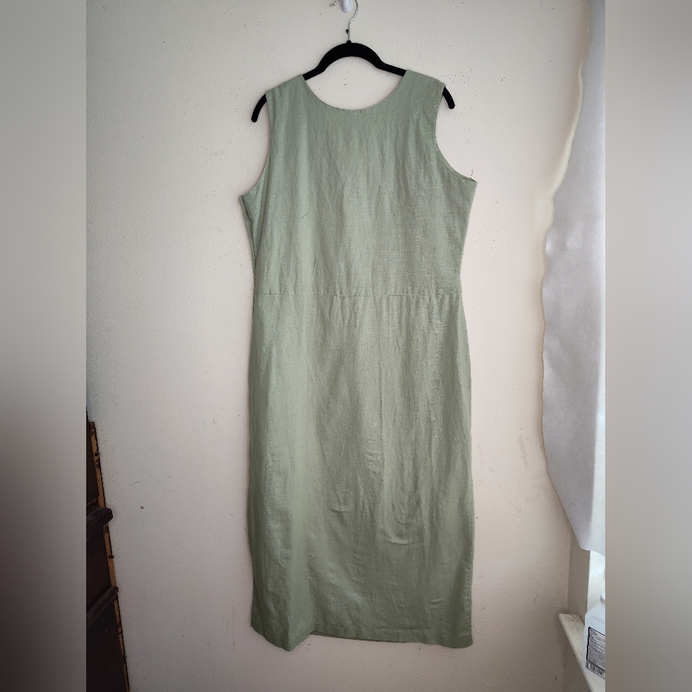 E Woman Linen Cotton Sleeveless Shirt Dress Green Shift Sz M Medium Midi Buttons